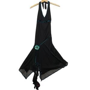 BNWT VTG Y2K 00's Ruby Rox Black Asymmetrical Babydoll Halter Midi Dress M Fairy